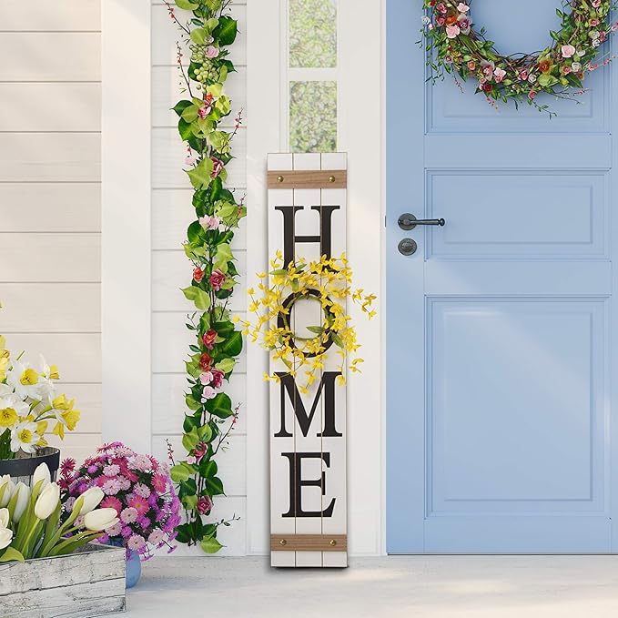 Glitzhome Wooden Welcome Home Porch Sign with Interchangeable Wreaths for Front Door, Vertical Farmhouse Standing Home Sign, Hanging Wall Sign for Year Spring Fall Thanksgiving Christmas, 42”H, White