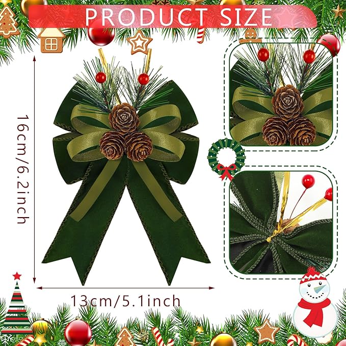 Syhood 6 Pcs Christmas Bows with Pine Cones Pine Needles Xmas Velvet Bows Sage Green Ribbon Christmas Tree Wreath Decoration for Xmas Parties Indoor Outdoor Crafts DIY Decor
