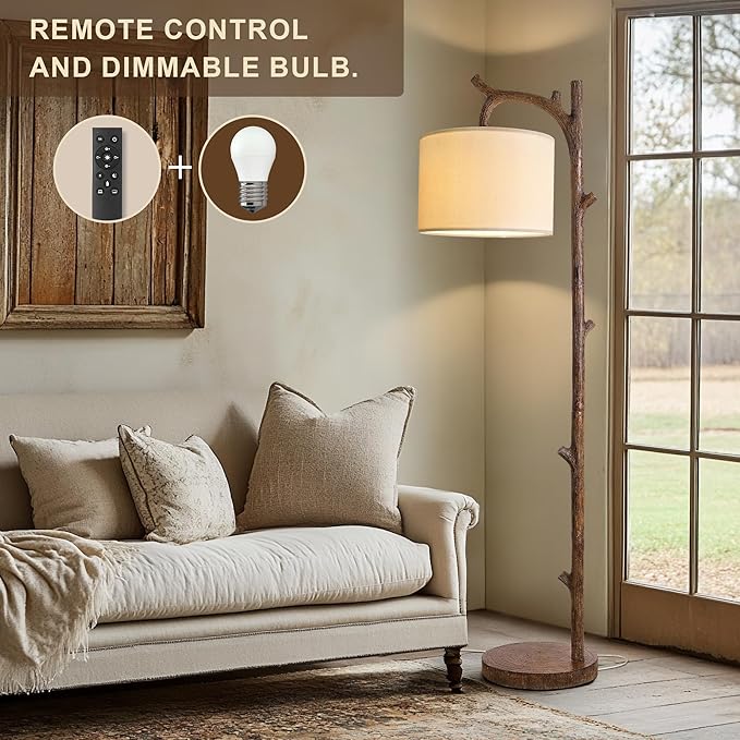 OYEARS Retro Farmhouse Floor Lamp for Living Room with Remote Rustic Standing Lamps Tree Trunk Deco Modern Country Vintage Wood Floor Lamp（Brown,Bulb Included）