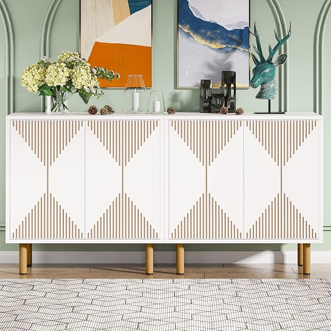LITTLE TREE White Sideboard Buffet Cabinet, Modern Sideboard Cabinet with 4 Doors, Cupboard Console Table