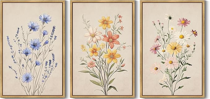 KUVIOKE Vintage Wildflower Bouquet Framed Wall Art Color Botanical Flower Wall Decor Modern Colorful Floral Hanging Decor for Living Laundry Dining 24x36in (Natural Framed)