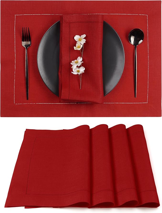 D'Moksha Homes Red Linen Placemats Set of 4 - Classic Hemstitch Placemats 14 x 19 Inch - 100% Pure Linen Table Mats for Fall, Autumn and Halloween - Handcrafted and Machine Washable