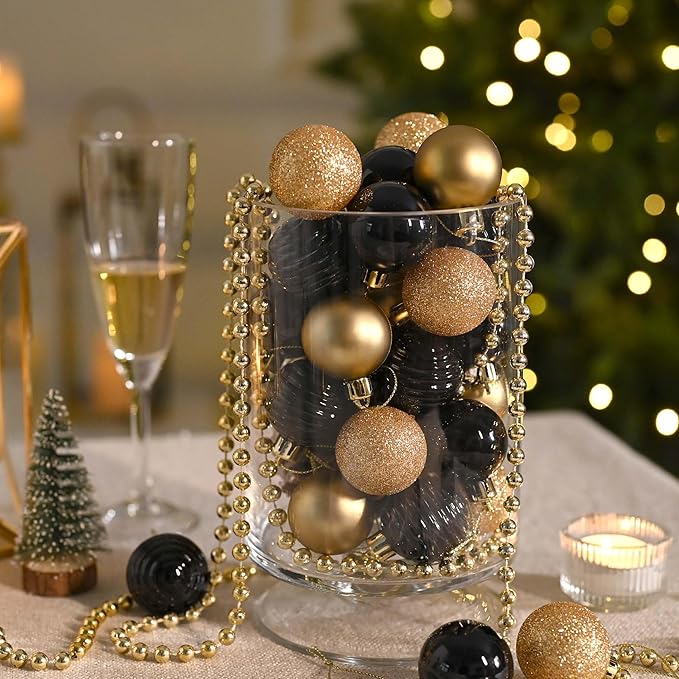 Valery Madelyn 1.57 Inches Small Christmas Tree Decorations Ornament Set for 4th of July Fall Halloween, 24ct Black and Gold Shatterproof Hanging Ball Ornaments Holiday Party Decor
