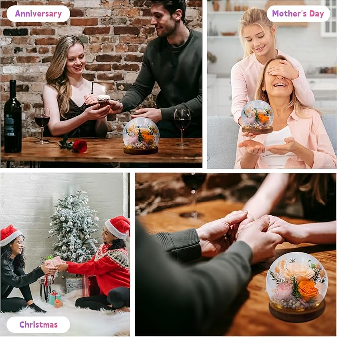 Eternal Flowers for Decoration: Preserved Flowers in Glass Dome, Unique Forever Flowers Gift for Her BBF – Perfect Decorative Flowers for Home Décor - Flowers for Delivery Prime (Champagne)