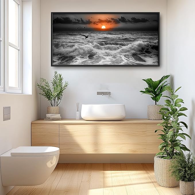Flintis Large Ocean Sunset Framed Wall Art Beach Seagull Pictures Wall Decor Abstract Natural Landscape Canvas Painting Print Artworks Framed for Living Room Bathroom Master Bedroom 60L X 30W