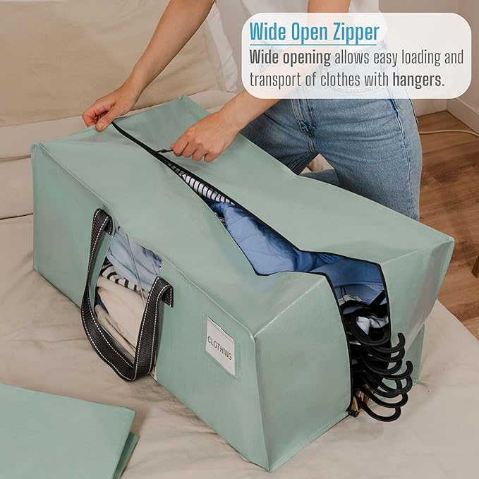 VENO 10 Pack Moving Bags for College, Heavy-Duty Storage Totes, Moving Boxes and Wardrobe Packing Supplies Alternative - Extra Large Durable Laundry Bags for Clothes (Shiny Light Green, 10 Pack)