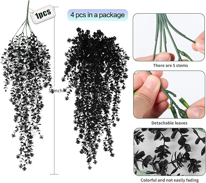 SJL Black Artificial Hanging Flower Faux Hanging Plants UV Resistant Indoor Plastic Leavse Flower Hang Ferns Artificial Plants Eucalyptus Faux Ivy Flowers Decor for Autumn Outdoor Room (Black)