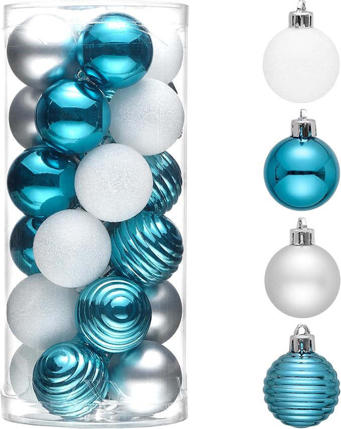 Valery Madelyn 1.57 Inches Small Christmas Tree Decorations Ornament Set for 4th of July Fall Halloween, 24ct Light Blue and Silver Shatterproof Hanging Ball Ornaments Holiday Party Decor