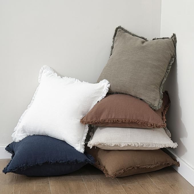 Foindtower Set of 2 Decorative Linen Fringe Throw Pillow Covers Cozy Boho Farmhouse Cushion Cover with Tassels Soft Accent Pillowcase for Couch Sofa Bed Living Room Home Decor,24×24 Inch,White