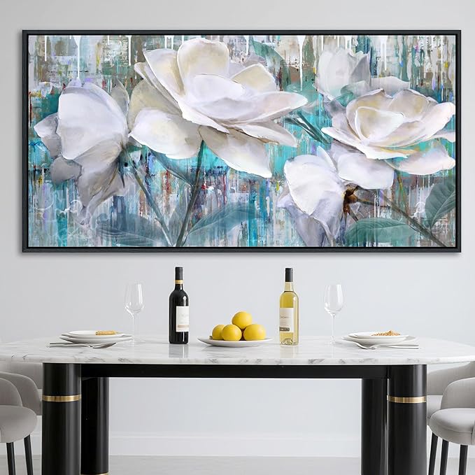 Large Flower Pictures Wall Art White Floral Modern Painting Wall Decor for Living Room Framed Artwork for Walls Bedroom Wall Decor Above Bed 29X58INCH