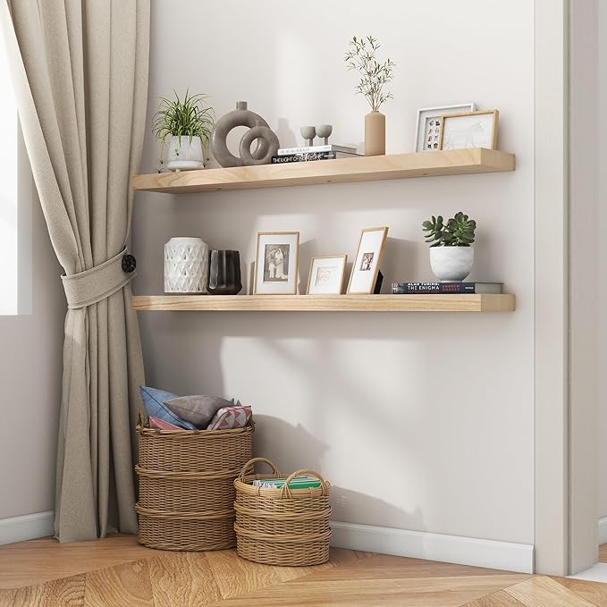 Natural Wood Floating Shelves, 48 Inch Wood Floating Shelves Set of 2, Natural Raw Wood Shelves for Living Room Bedroom Home Office - Natural