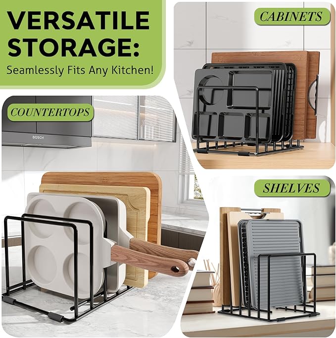 2-Pack Baking Sheet Organizer Rack – 5-Slot Bakeware & Cookie Tray Holder for Kitchen Cabinet or Countertop, Compact Stainless Steel Cutting Board Rack with Rust-Resistant Frame & Anti-Slip Feet