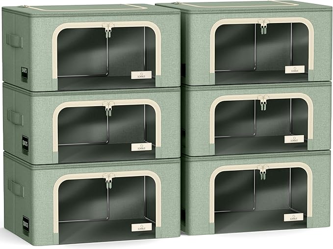 Sorbus Storage Bins with Metal Frame - Stackable & Foldable Clothes Organizer Bags - Oxford Fabric Storage Containers with Large Clear Window & Carry Handles, Bedroom Organization for Bedding & Linen