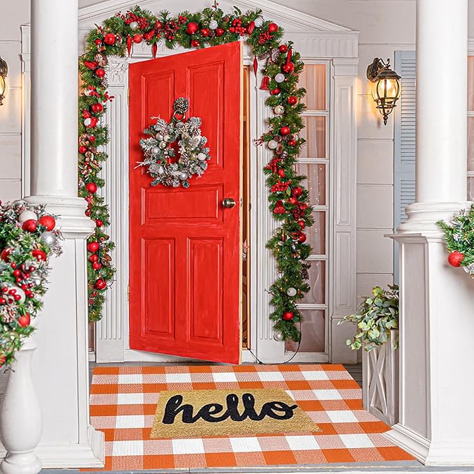 SEEKSEE Cotton Buffalo Plaid Rug 3'x5' Orange and White Checked Rug Washable Doormats Indoor Outdoor Rugs for Layered Front Door Mats, Porch, Kitchen, Farmhouse, Entryway
