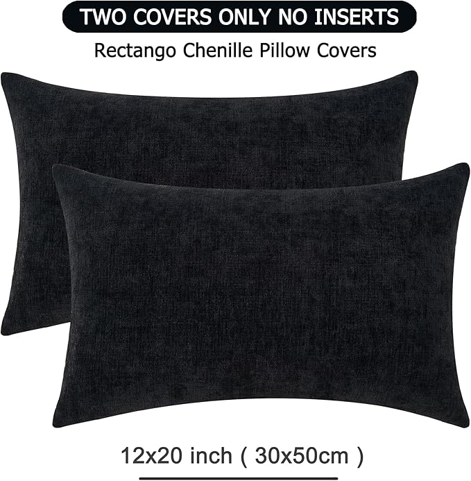 GAWAMAY Lumbar Pillow Cover Decorative Rectangle Throw Pillow Covers 12"x20" Inch Set of 2, Super Soft Chenille Pillowcase for Living Room Bedroom Sofa Couch Cushion Cover Black 30x50cm (No Insert)