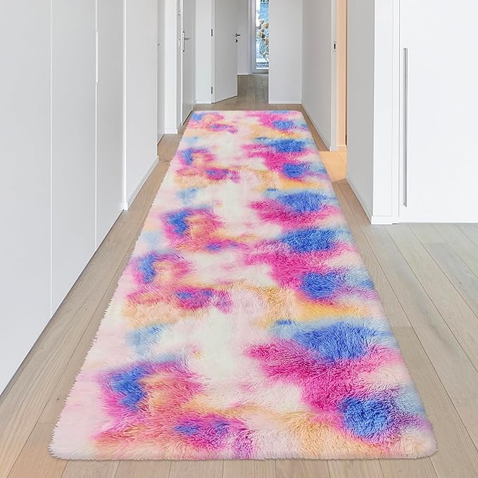 Fluffy Colorful Rug for Bedroom 3x10 ft Kawaii Tie-Dyed Area Rug Non Slip Cute Unicorn Kids Runner Rug for Girls Princess Teens Living Room Playroom Baby Nursery Decor Carpets