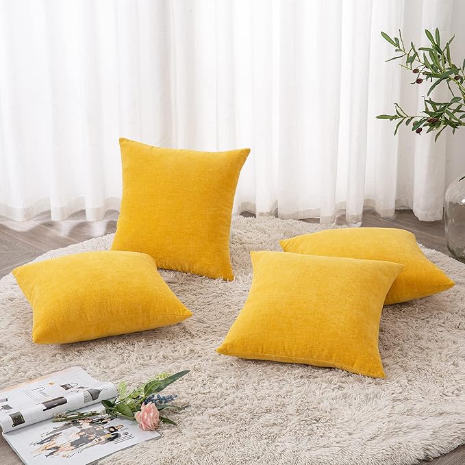 GAWAMAY Decorative Square Throw Pillow Covers 18"x18" Inch Set of 4, Super Soft Chenille Pillows Cover Fall Pillowcase for Living Room Bedroom Sofa Couch Cushion Cover Mustard Yellow 45x45cm