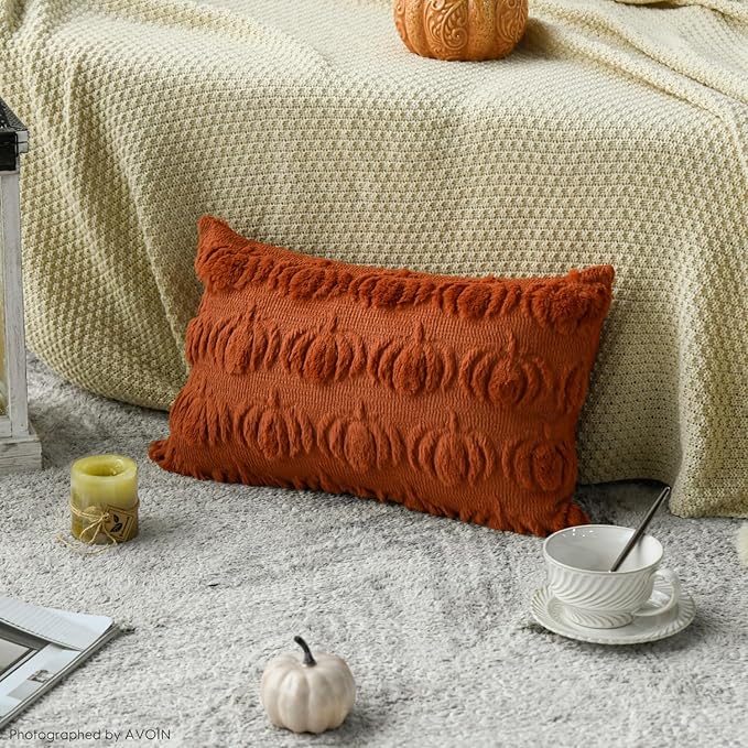 AVOIN colorlife Fall Pumpkin Caramel Throw Pillow Covers, 12 x 20 Inch Seasonal Autumn Thanksgiving Harvest Decoration Soft Plush Faux Fur Jacquard Cushion Case Decoration for Sofa Couch Set of 2