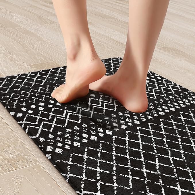 KIMODE Anti Fatigue Mats for Kitchen Floor 17"x47"+17"x29", Black Boho Kitchen Rugs Sets of 2, Cushioned Kitchen Floor Mats, Non Slip Standing Mats for Sink Laundry Office Desk