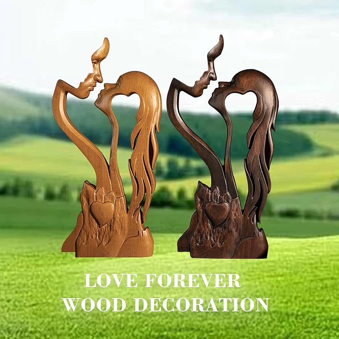 Wooden Kissing Couple Ornament, Abstract Couple Portrait Sculpture Romantic Love Statue Decor Gift for Women Anniversary Valentine Wedding - 14 Inch