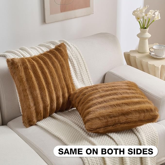 FUTEI Camel Decorative Throw Pillow Covers 24x24 Inch Set of 2,Soft Fluffy Faux Mink Fur Dyeing Striped Textured European Cushion Case,Modern Home Decor for Couch Bed Living Room