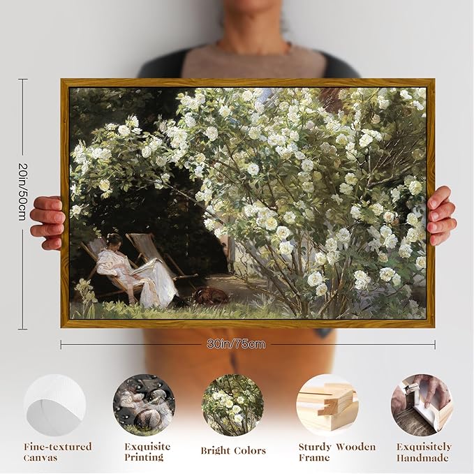 crmotu Vintage Framed Wall Art, Garden Women Canvas Art Prints, Rose Floral Classical Oil Paintings, Green Landscape Rustic Farmhouse Wall Decor Living Room Bedroom Bathroom Aesthetic Pictures 20x30in
