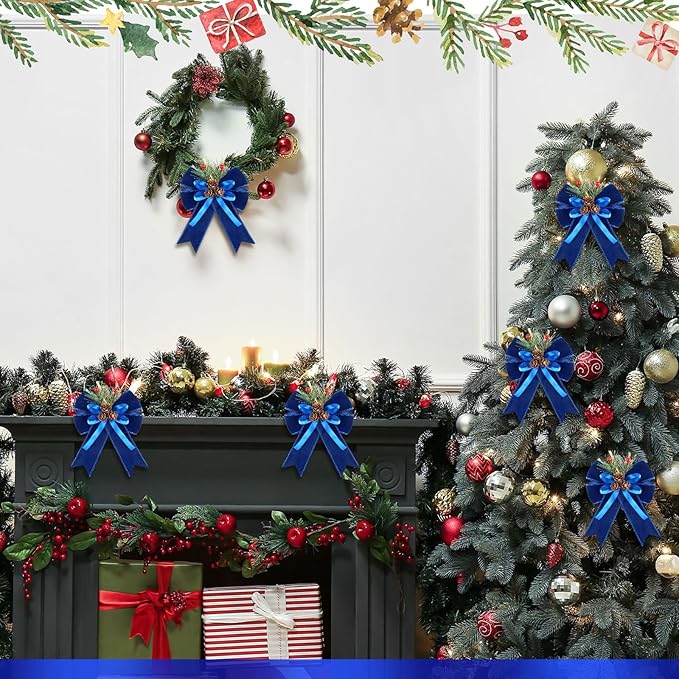 Syhood 6 Pcs Christmas Bows with Pine Cones Pine Needles Xmas Blue Velvet Bows Blue Velvet Ribbon Christmas Tree Wreath Decoration for Xmas Parties Indoor Outdoor Crafts DIY Decor