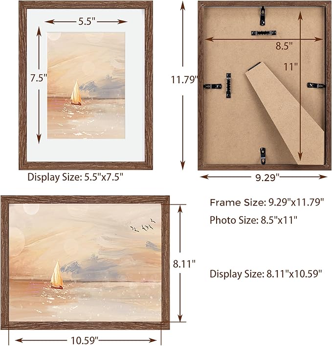 Fun Memories Solid Oak Wood Frame 8.5x11 Photo Frames With Real Glass, Display Poster 6x8 With Mat or Without Mat, Wall Display, Walnut Color, 3 Pack