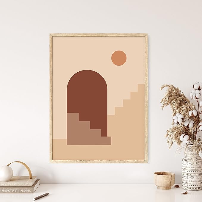 HAUS AND HUES Boho Art Prints Minimalist Decor - Boho Wall Art Mid Century Modern Decor, Minimalist Wall Art, Modern Art Wall Prints, Sun and Two Staircases (Unframed, 12x16)