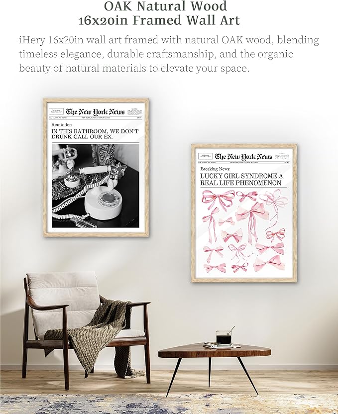 iHery Natural OAK Wood Trendy Retro Newspaper Framed Wall Art, Large 16x20 in Pink Bow Poster Vintage Canvas Wall Art, Beige Frame Lucky Girly Bedroom Bathroom Coquette Living Room Décor Set of 1