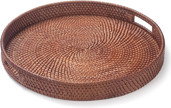 16.9 inch Round Rattan Tray, Woven Large Serving Tray with Handles, Wicker Serving Basket, Coffee Table Decor for Living Room, Reddish-Brown