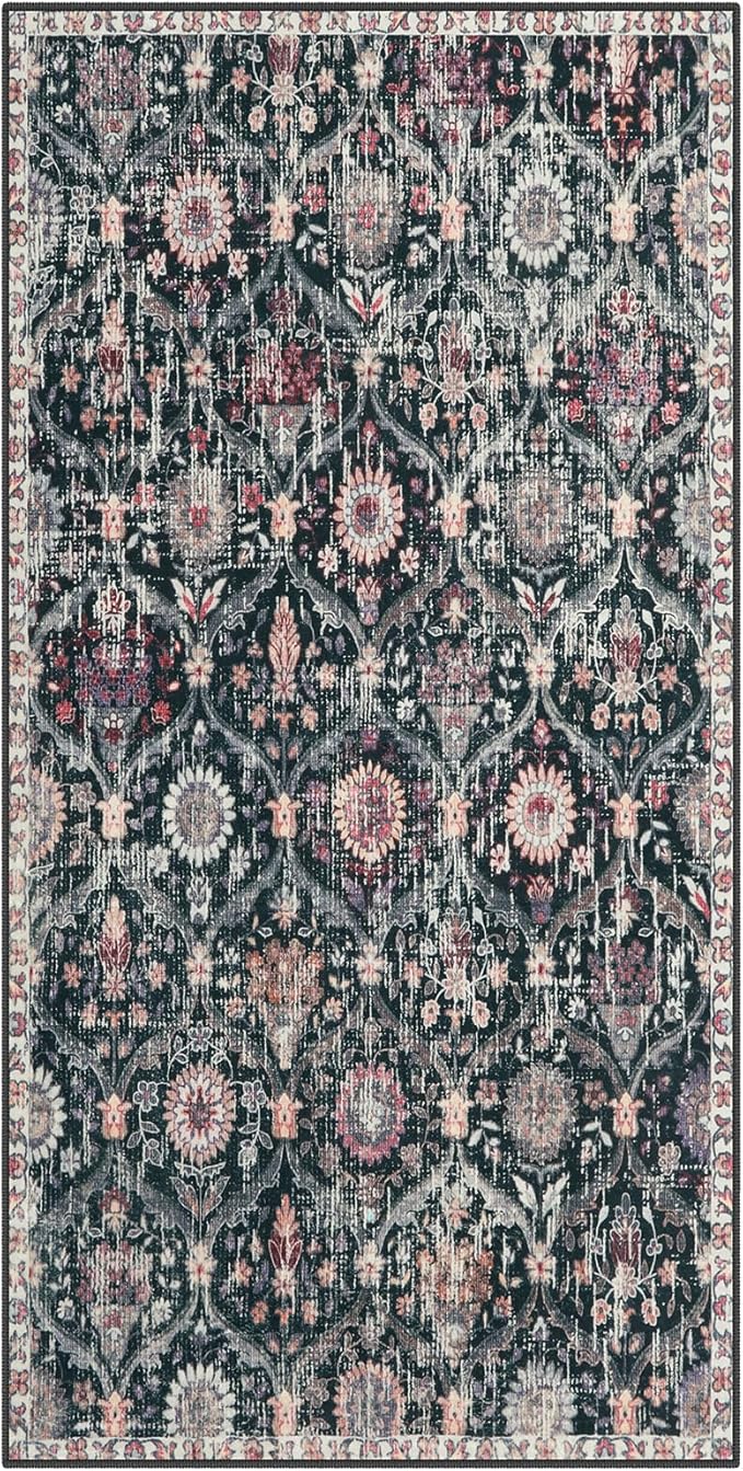 Lahome Kitchen Rugs Non Slip Washable Rugs for Entryway, 2x4 Rug Non-Slip Moroccan Trellis Ultra-Thin Indoor Door Mat Small Carpet for Bathroom Bedroom Entry, Black/Multi