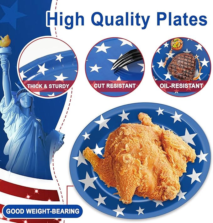 Patriotic Oval Paper Plates 11inch 4th of July American Flag Paper Plate and Napkin, Dish Tray Independence Party Decoration Supplies for Veterans Election Day Memorial Day Tableware, 25 Guest
