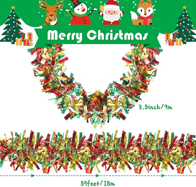 Dingion 59 Feet Christmas Tinsel Garland Metallic Twist Ornaments Hanging Glitter Xmas Garland for Christmas Tree Indoor Outdoor Decoration Party Supplies