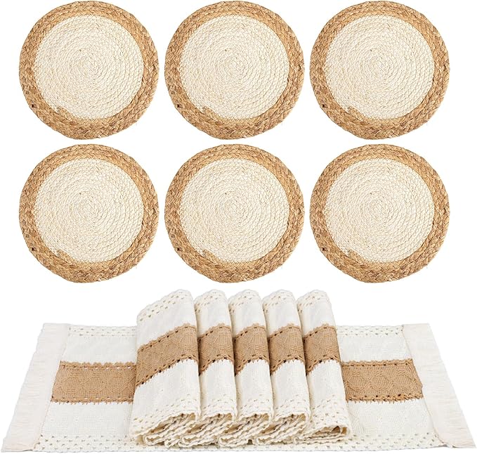 Handmade Boho Placemats Set of 6 - Natural Cotton Burlap and Water Straw Woven Combination Table Mats, Macrame Décor and Farmhouse Style Placemats, for Dining Table Kitchen (Natural, 6PC)