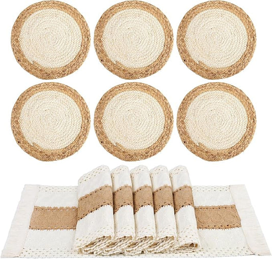Handmade Boho Placemats Set of 6 - Natural Cotton Burlap and Water Straw Woven Combination Table Mats, Macrame Décor and Farmhouse Style Placemats, for Dining Table Kitchen (Natural, 6PC)