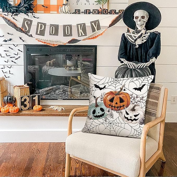 Baccessor Halloween Pillow Cover 18x18 Inch, Pumpkins Bats Spider Web Pillow Case Halloween Decor for Cushion Sofa Couch Indoor Outdoor Decoration 1 Piece
