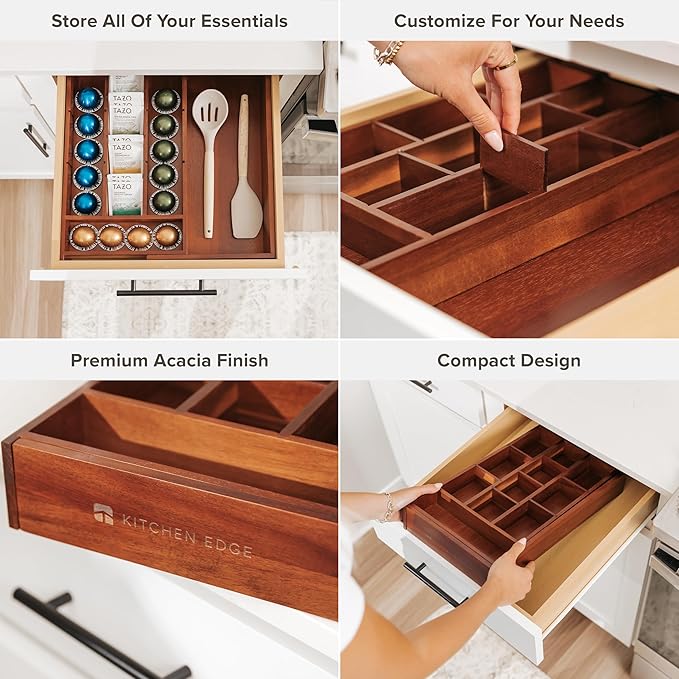 Acacia Tea Bag and Coffee Pod Kitchen Drawer Organizer, Expandable 9.7 to 17 Inches, 10 Storage Compartments, Adjustable Wall Inserts, Non-Slip Feet, Food-Safe