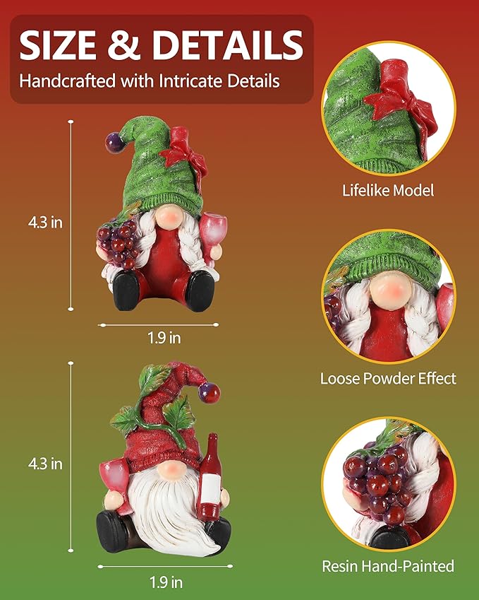 2-Pack Resin Fall Gnome Figurines with Red Wine & Grapes Theme, Whimsical Gnome Gifts Home Decor for Thanksgiving Table Decor Christmas Decorations Indoor Holiday Ornaments (Grape Gnomes)