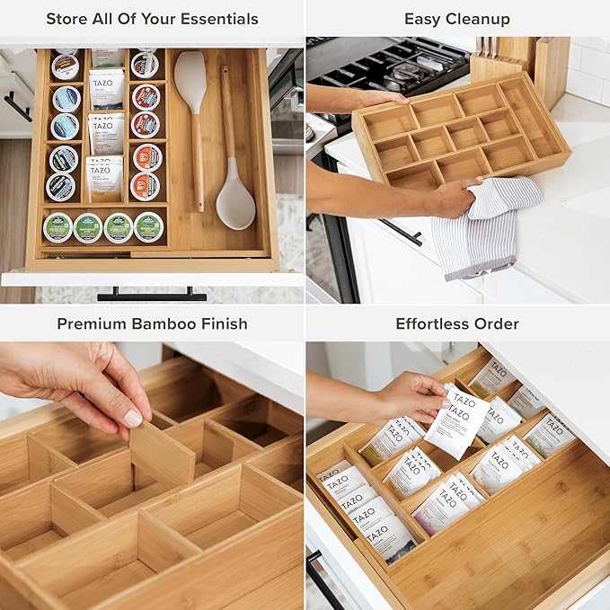 Tea Bag and Coffee Pod Kitchen Drawer Organizer, Expandable 9.7 to 17 Inches, 10 Accessory Compartments with Adjustable Wall Inserts, Non-Slip Rubber Feet, 100% Sustainable Bamboo Wood