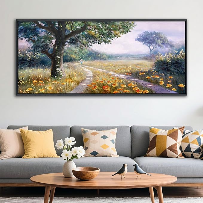 CHATYOUNG Large Landscape Wall Art, Rustic Wildflowers Way Home Yellow Green Pictures Farmhouse Canvas Painting Framed Artwork for Bedroom Living Room Kitchen Home Office Wall Decor 71"x32"
