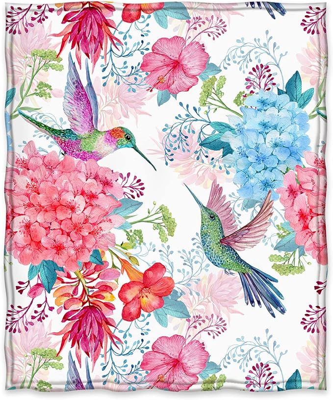 Jekeno Hummingbird Floral Blanket Bird Colorful Flowers Print Gifts for Women Kids Girls Mom Bedroom Living Room Birthday Mother's Day Decor Soft Cozy Plush Throw Blanket 50"x60"