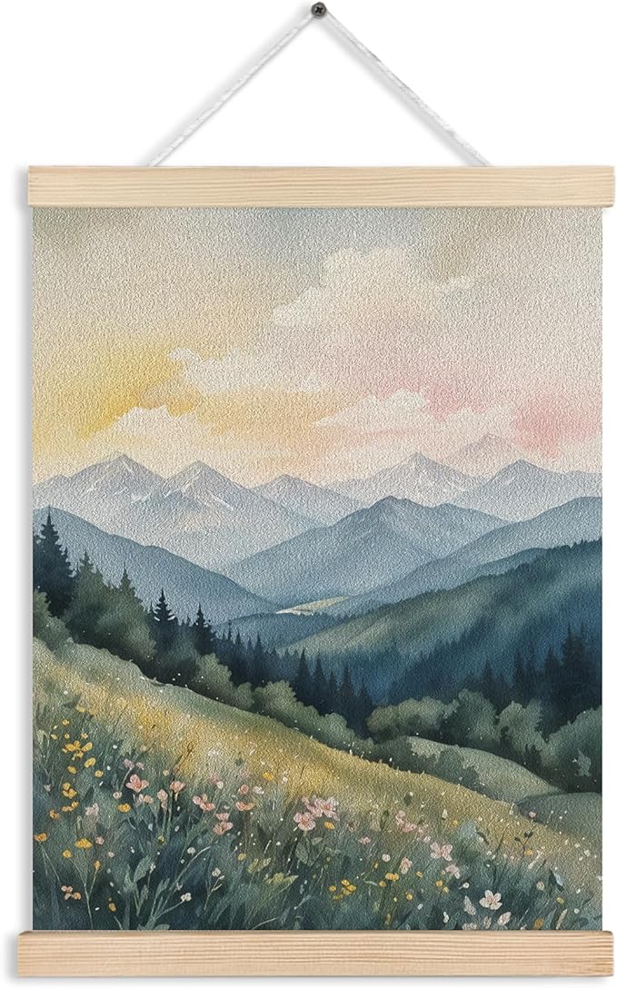 FITIE Abstract Wildflower Green Mountain Scenic Canvas Wall Art Poster, Nature Room Decor, Green Nature Forest Mountain Landscape Wall Decor Prints for Home Bedroom Living Room, 12x16 Inches