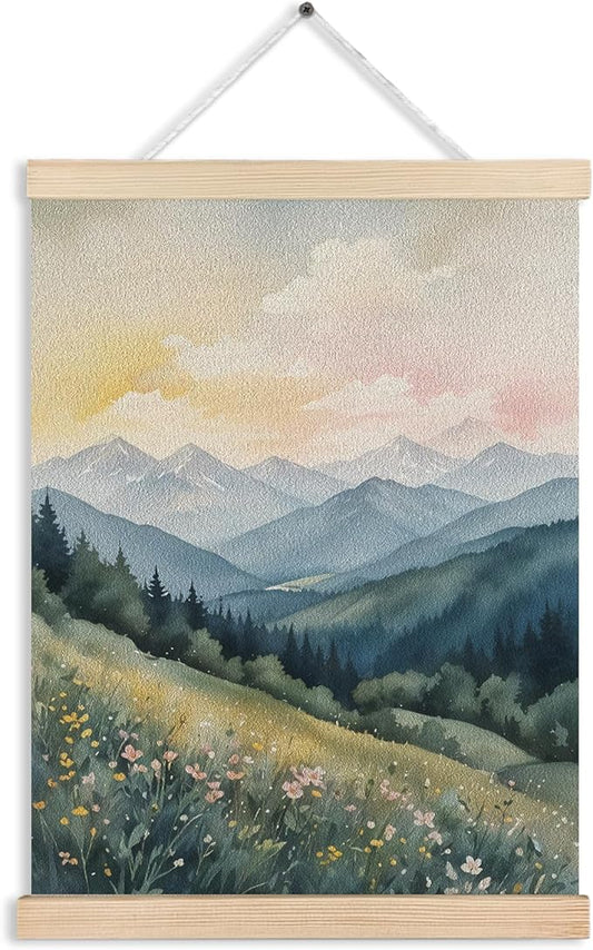 FITIE Abstract Wildflower Green Mountain Scenic Canvas Wall Art Poster, Nature Room Decor, Green Nature Forest Mountain Landscape Wall Decor Prints for Home Bedroom Living Room, 12x16 Inches