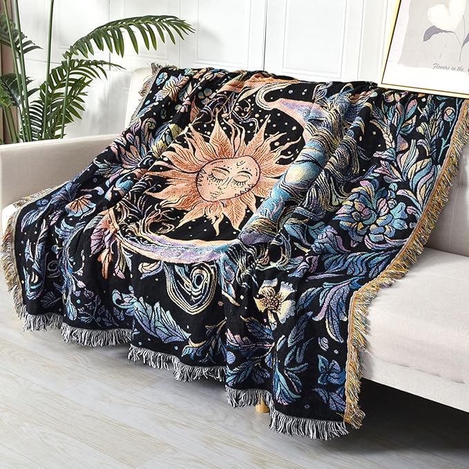 Boho Throw Blanket Reversible Cotton Bohemian Tapestry Hippie Room Decor Outdoor Blanket Double Sided (Boho Sun Black 50"x60")