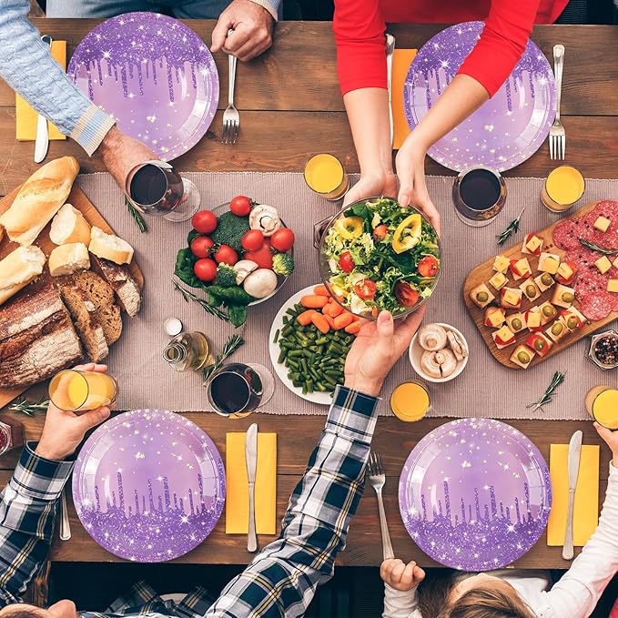 50PCS Purple Glitter Paper Plates 7inch Purple Gold Diamond Birthday Dessert Plate for Cake Salad Pizza Disposable plates Supplies for Girls Women Mermaid Anniversary Birthday Wedding Theme Party