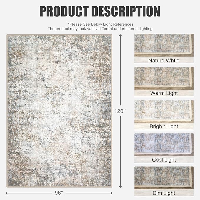8x10 Area Rug Living Room Rug: Washable Modern Abstract Soft Thin Rug Indoor Floor No Slip Stain Resistant Carpet for Bedroom Dining Room Farmhouse Nursery Home Office - Brown Grey