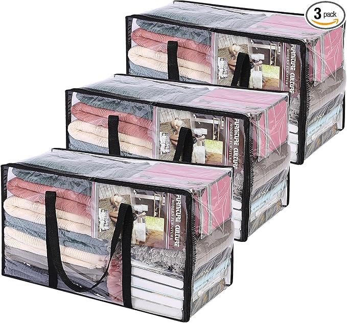 Vieshful 3 Pack Clear Comforter Storage Bag, 60L Clothes Storage Bag with Zipper Closet Organizer, Plastic Storage Containers Moving bags for Comforter, Blanket, Bedding, Duvet, Toys