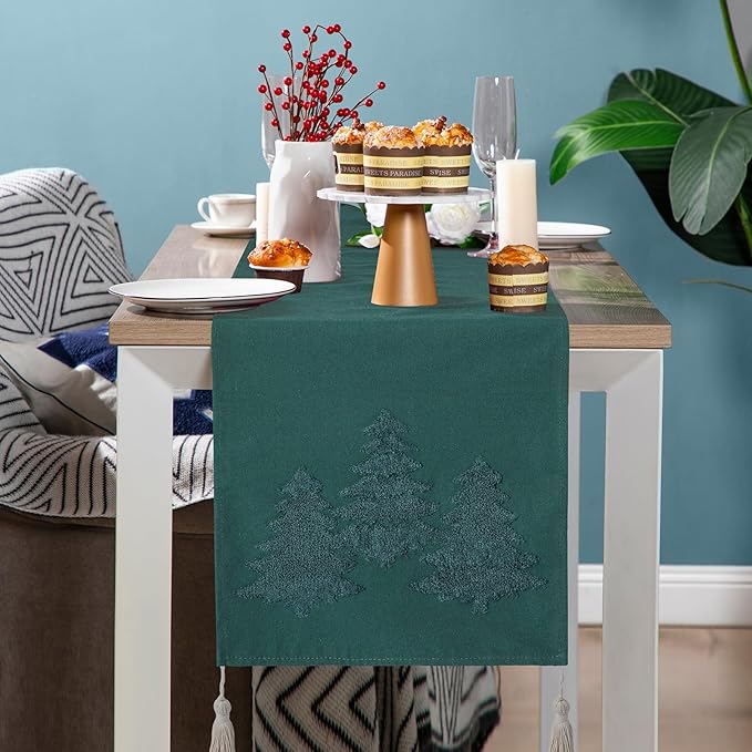 Breling Christmas Tree Table Runner Jacquard Christmas Tree Dinner Table Runner Xmas Holiday Kitchen Dining Decoration for Winter Holiday Kitchen Party Home Decor 13x72 Inch(Dark Green)