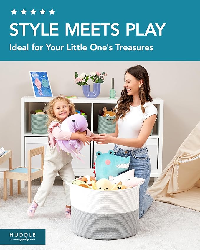 XXXXL WASHABLE Jumbo 125L Extra Large Blanket Basket, Woven Decorative Cotton Rope Basket with Handles for Laundry, Living Room, Baby Toys Nursery, Storage, Organization Bins 24" x 17" (Grey & White)